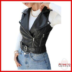 Faux Leather Zip Up Vest Jacket Sleeveless Belted Motorcycle Style